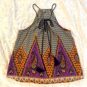 Vijo Couture Boho Cami Multicolor Paisley Print Halter Top Tank Blouse Orange